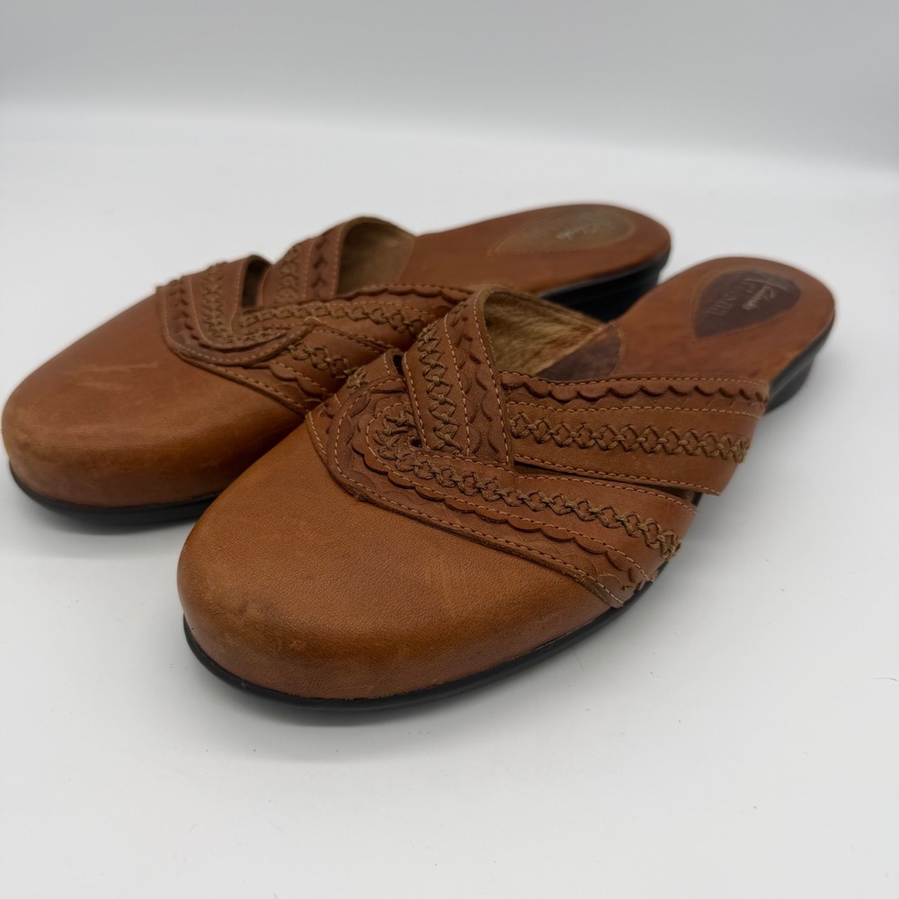 Clarks Artisan Brown Leather Woven Mules Clogs Slides‎ 8.5M 74293 Casual Boho